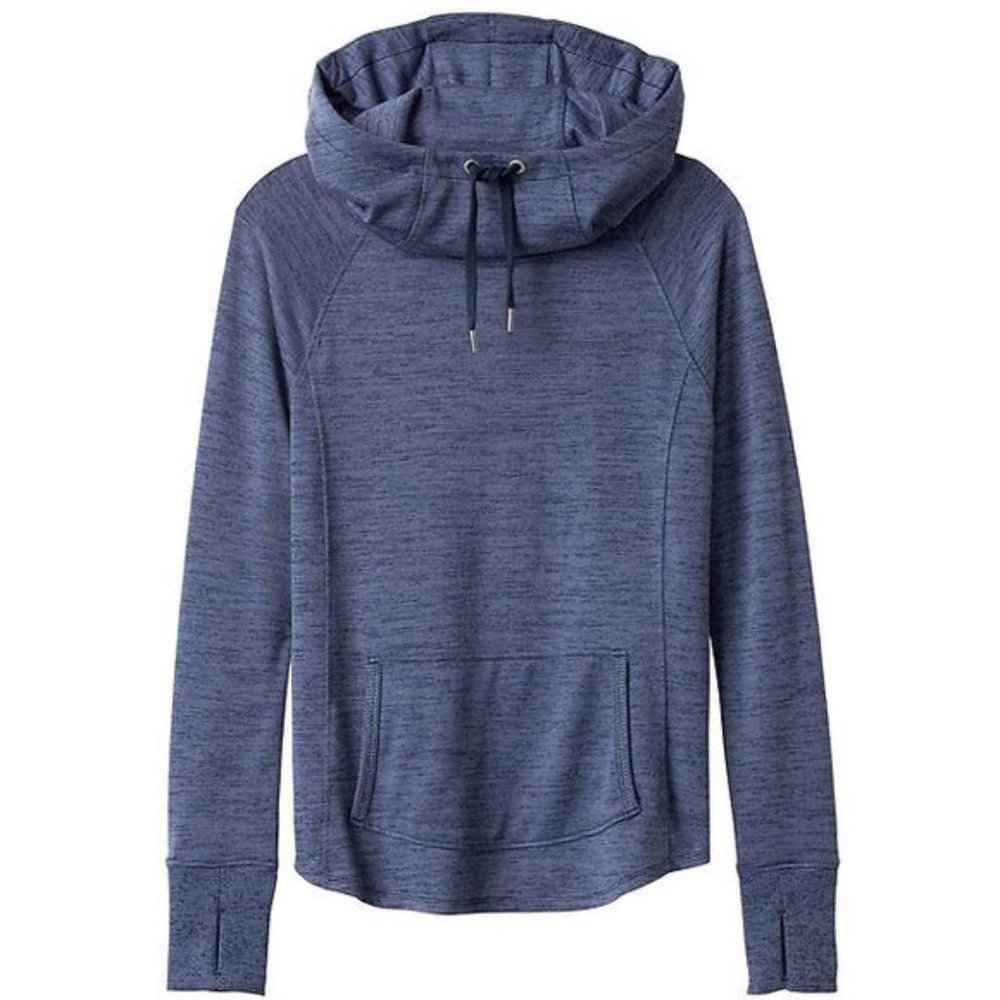 Athleta Techie Sweat Hoodie Heathered Blue Medium Cowl Neck Thumbholes